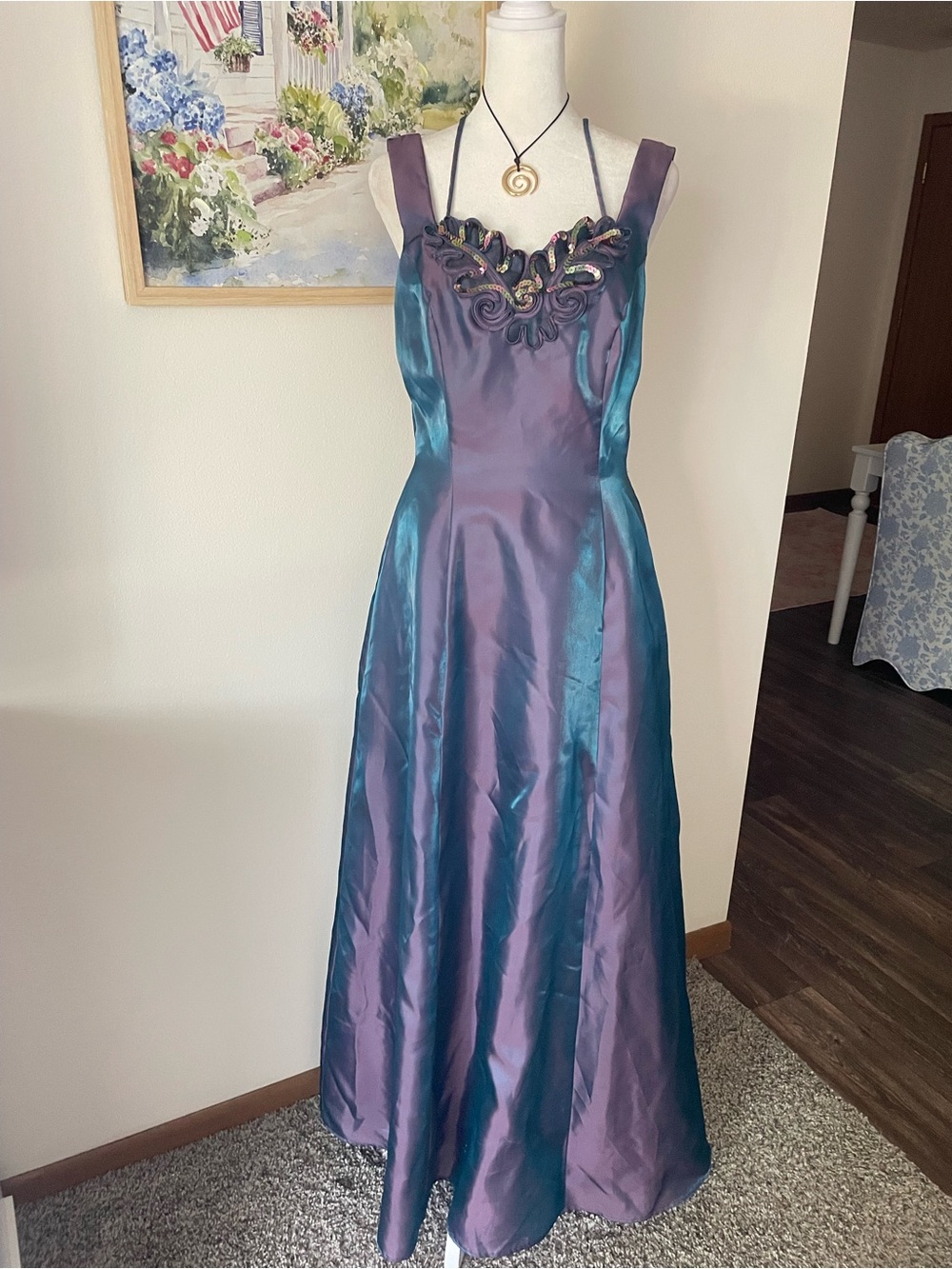 Maurices Vintage 90s Iridescent Purple Teal Two Tone Prom Gown Sequin Dress 7/8